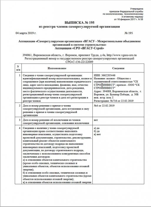 Выписка из реестра СРО